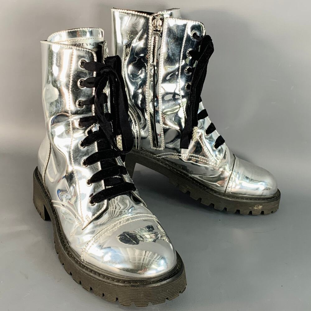 ALEXANDRE VAUTHIER Size 10 Metallic Silver Lace-Up Combat Boots